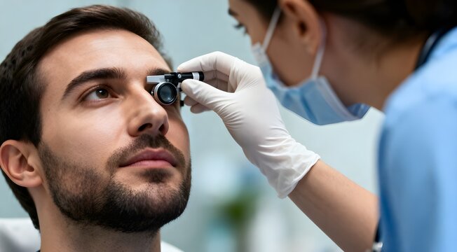 Eye doctor examining male patient with handheld ophthalmoscope