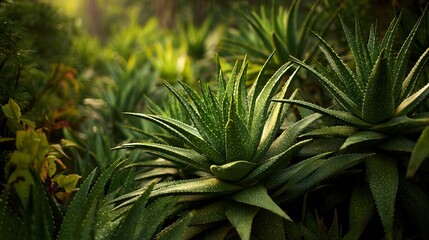 Naklejka premium Green aloe plants grow in a garden, showing detailed textures.