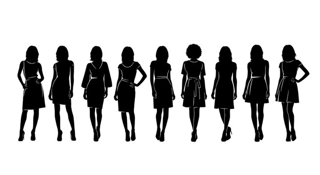 Women fashion silhouettes in various poses, black vector icons for style design, editorial layouts, and trend presentations