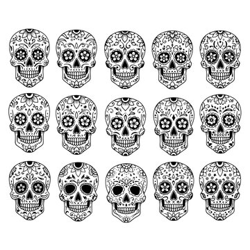 Skull tattoo stencil icons set of black and white ornamental skull faces for t-shirt design and decor
