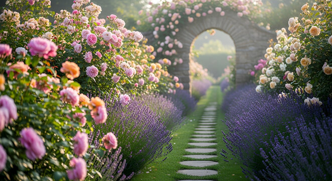 Enchanting garden path with blooming roses and lavender under an arched stone entryway