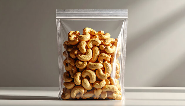 A clear plastic bag filled with roasted cashews on a table.