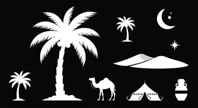 Desert landscape at night with palm trees, camel, and tent under starry sky