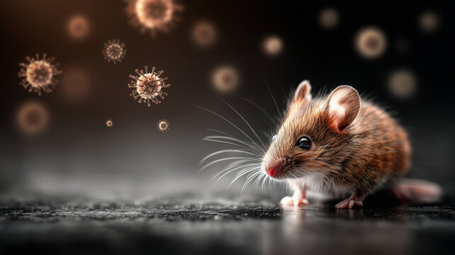 Hantavirus in Rodent Reservoirs, Zoonotic Virus Transmission Concept with Close-Up Mouse and Airborne Particles