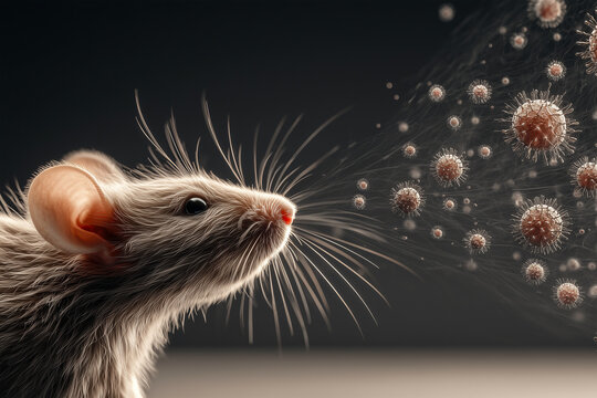 Close-up of a wild mouse with floating virus particles on dark background, conceptual rodent-borne disease transmission