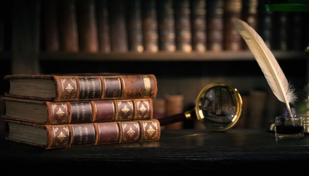 Vintage stack of three leather-bound books with gold embossing next to a brass magnifying glass and a white quill pen in an inkwell on a wooden desk in a dimly lit library environment.