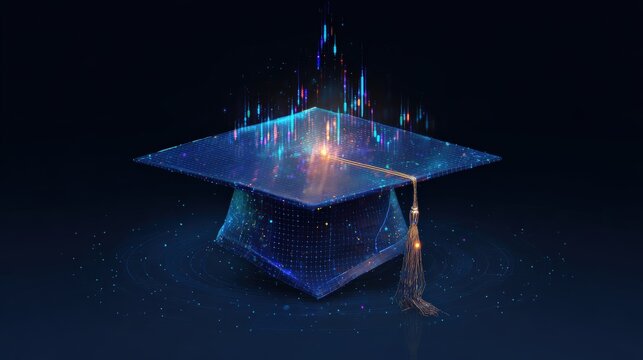 A conceptual artistic vision featuring a glowing, digitally-rendered graduation cap. ..Created with Generative AI, not depicting real subjects.