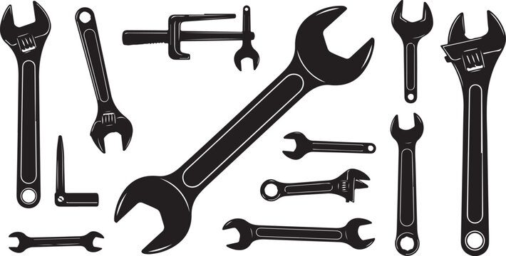 Adjustable wrench and spanner hand tool silhouette set