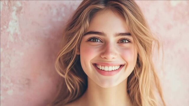 A young woman smiling brightly at the camera. Her skin is glowing and she has long hair. She appears happy and radiant.