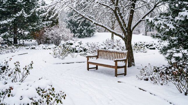 Flower park with a bench covered in snow
