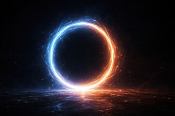 Fototapeta premium glowing circular energy ring with blue and orange light in dark space abstract power portal concept