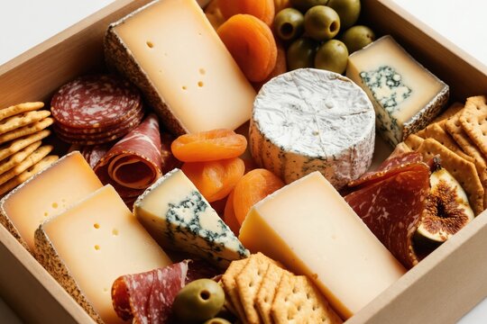 Close-up of curated cheese and charcuterie box with crackers and fruit. Delicious assortment includes various cheeses, cured meats, olives, and dried apricots offering a gourmet tasting experience.