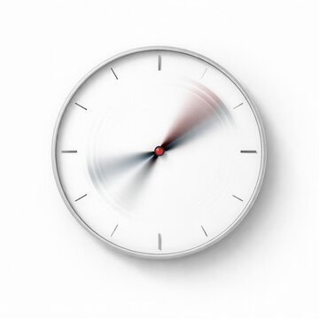 Minimal white clock with fast spinning hands motion blur concept of time speed and urgency