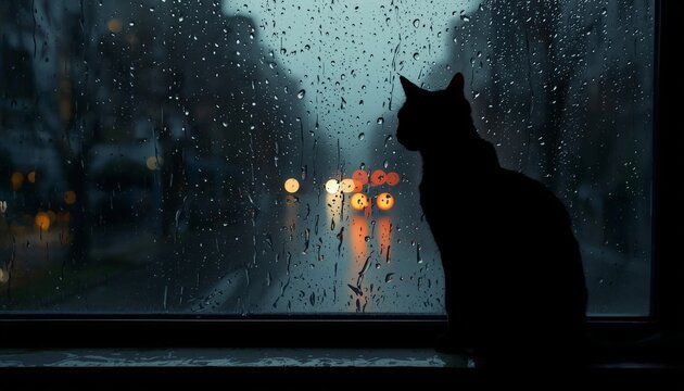 There is a black cat sitting on a window sill in the rain