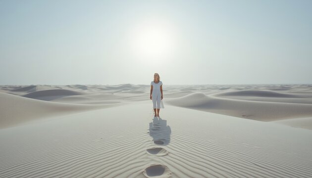 There is a woman that is standing in the middle of the desert