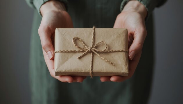 There is a person holding a wrapped gift in their hands