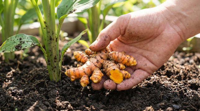 Hand holding freshly harvested organic turmeric root in the garden