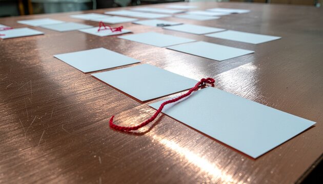 Industrial Detective Investigation with Evidence Cards and Red Thread on Brushed Copper Surface