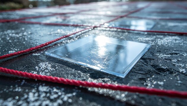 Abstract Crime Scene Evidence Under Glass on Dark Slate Surface with Red String