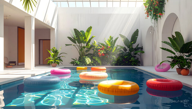 Luxurious Indoor Swimming Pool with Floating Inflatables and Lush Greenery.