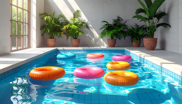 Bright Indoor Swimming Pool with Floating Inflatable Rings and Lush Green Plants.