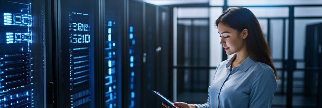 Cybersecurity System Monitoring Technician Analyzing Data in a High-Tech Server Room Environment