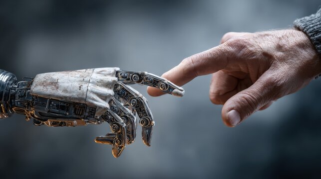 A meeting of technology and humanity, with a human finger gently touching a robotic hand, suggesting connection. ..Created with Generative AI, not depicting real subjects.