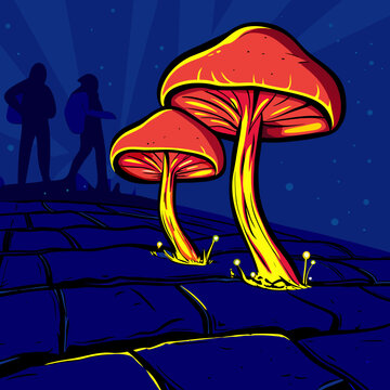 Glowing crystalline mushrooms growing out of cracks in a tagged sidewalk. 1