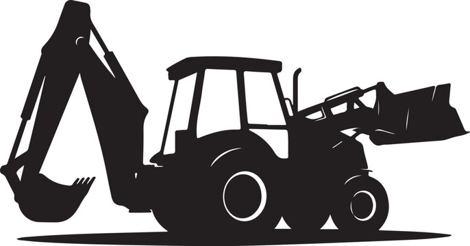 Black silhouette tractor, excavator, and loader vector, heavy machinery icons, construction equipment