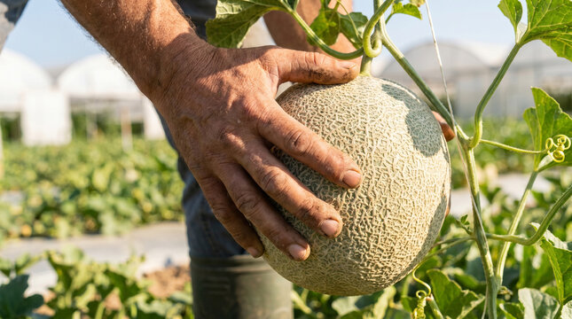 Farmer hands holding a fresh ripe cantaloupe in a greenhouse