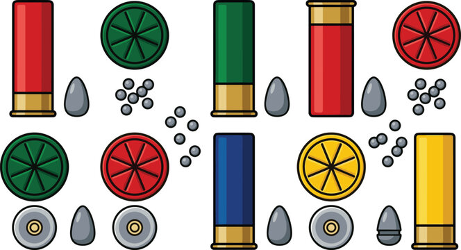 Shotgun Shell Icon Set Featuring Different Colors and Pellets for Hunting, Shooting, and Ammunition Designs