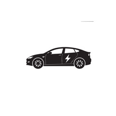 Obraz premium Black electric vehicle icon featuring a lightning bolt symbol on the side door for sustainable transportation and eco friendly energy concepts isolated design