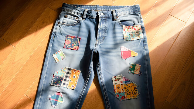 Blue jeans with colorful fabric patches. Denim trousers decorated with hand stitched textile pieces. Creative diy upcycling fashion project, sustainable clothing and garment repair.