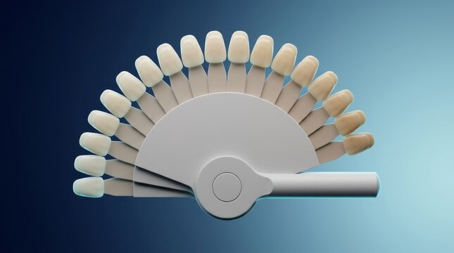 Dental tooth shade guide 3D render, dental color matching tool visualization, shade tab fan selector, cosmetic dentistry reference chart, clinical tooth shade system