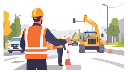 Fototapeta premium Male traffic controller directing vehicles at road construction site with excavator, flat design vector illustration, EPS file