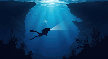 Scuba diver exploring underwater cave with flashlight © Dodol Creative Stock