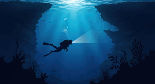 Scuba diver exploring underwater cave with flashlight