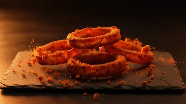 Crispy Onion Rings Falling on Slate Board with Crumbs Scatter, Dramatic Warm Light Food Commercial 4K