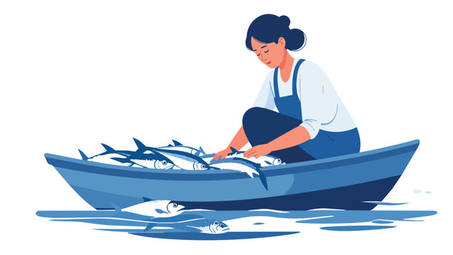 Female fisherman sorting fresh fish catch in small boat on water, flat design vector illustration, EPS file