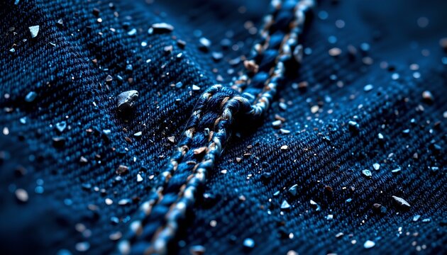 A close up photograph of a denim fabric with beads scattered over it, showcasing textile detail and possibly the process of sewing or embellishing clothing items.