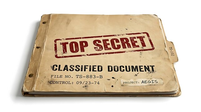 Vintage Top Secret Classified Document Folder, Retro Spy Investigation File with Red Stamp, Old Paper Archive for Espionage and Government Secrets