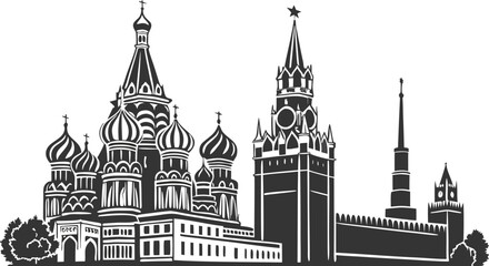 Obraz premium Moscow City Skyline Vector Art | Kremlin & Ostankino Tower Silhouette