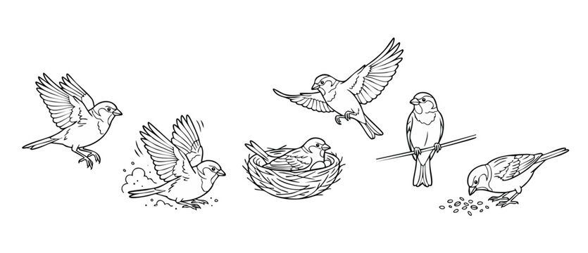 Sparrow bird collection set outline drawing, flying and sitting birds in nest with seeds, black and white vector illustration for coloring page or nature design element isolated on white background