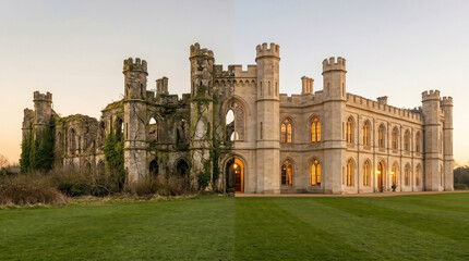 Fototapeta premium Stunning historic castle transformation from crumbling ruins to magnificent restoration project