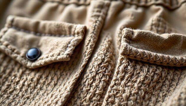 A close up view of a brown garment with an intricate textured pattern. There are several pockets on this item, each adorned with decorative stitching and fastened by button closures