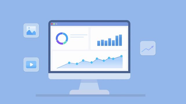 Animated illustration of a multimedia analytics dashboard with charts and media content icons on desktop monitor, suitable for digital business concepts.