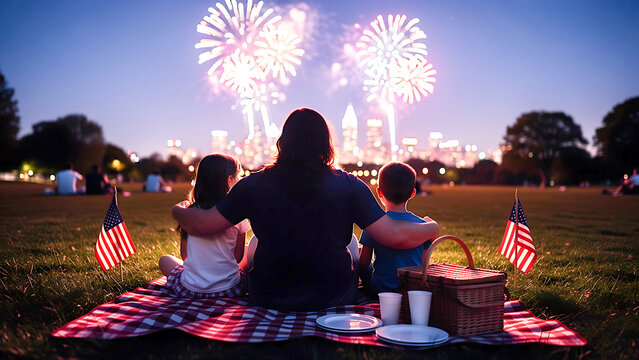Woman with daughter and son watching fireworks at night in park. Family sitting on picnic blanket celebrating Independence Day with American flags. Summer holiday outdoor evening event.