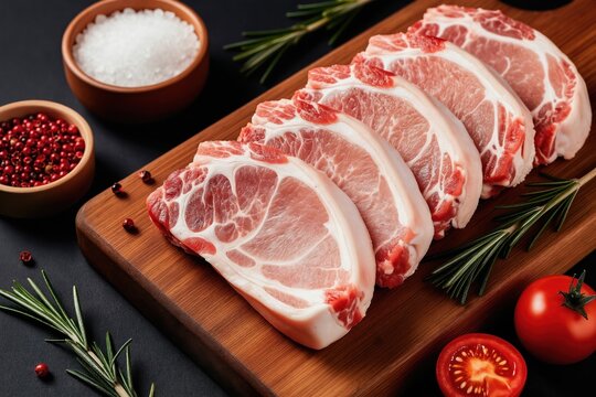 Fresh raw pork chops sit on wooden board. Rosemary, pink peppercorns, coarse salt, tomatoes surround meat. Ready for cooking, grilling, butchering for delicious meals. Chef prepares dinner