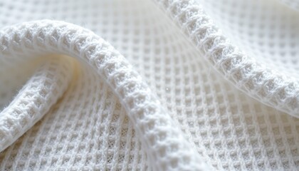 A close up of a white fabric with a textured pattern, resembling lace, which is part of a folded piece of cloth with a plain weave structure on one side.