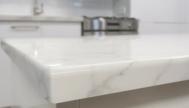 Close up of a polished white marble kitchen countertop edge with natural grey veining, blurred modern kitchen background with stainless steel stove and white cabinetry.